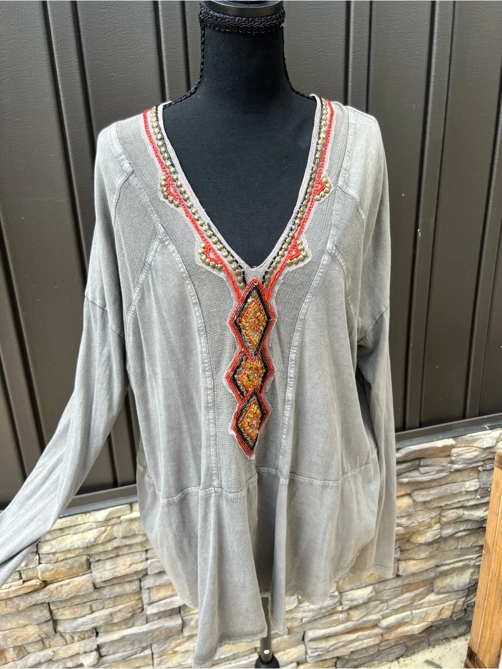 Free People Gray V-Neck Tunic with Coral & Gold Embroidery